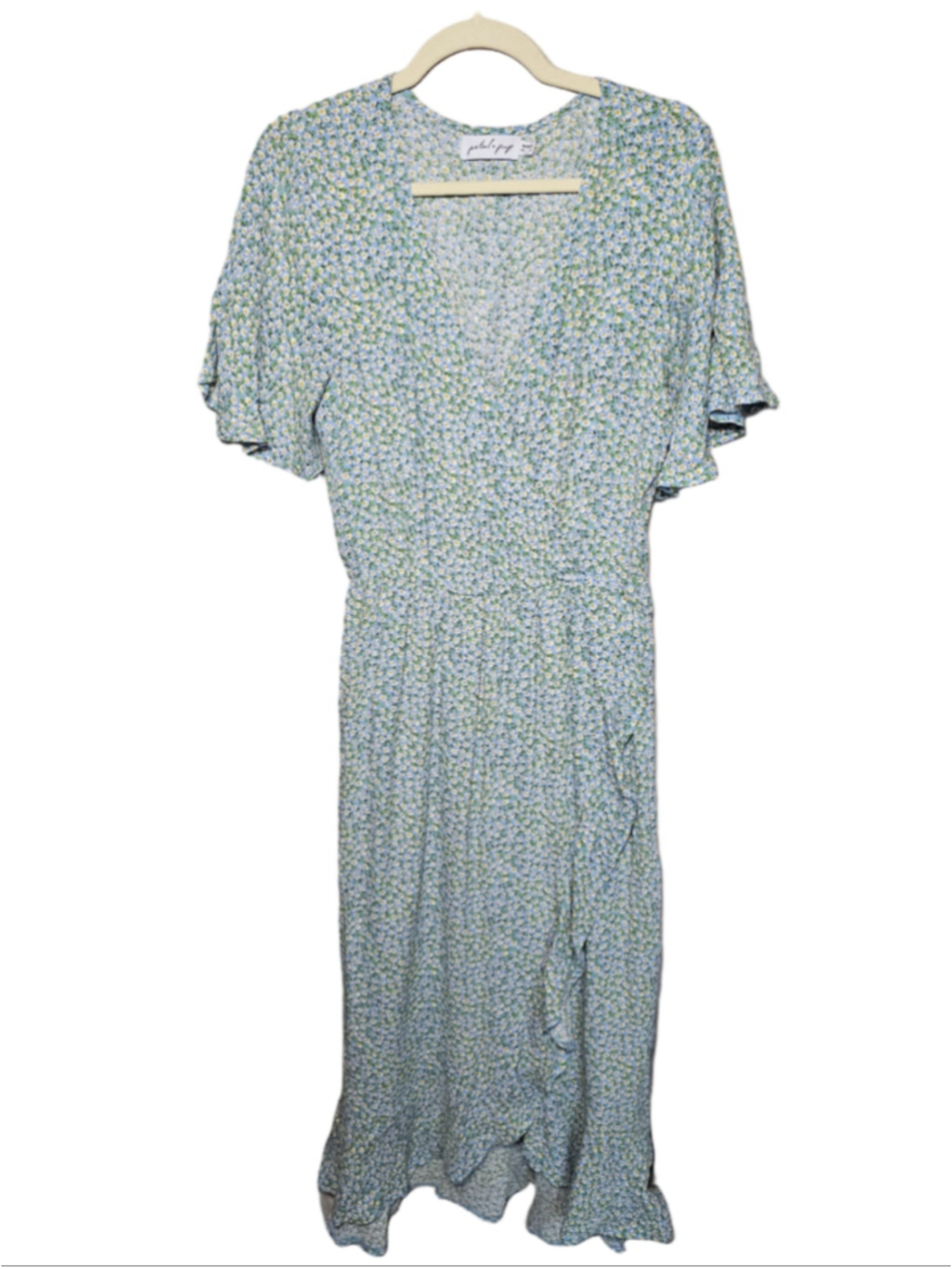 Petal & Pup Issie Blue Ditsy Floral Faux Wrap Midi Dress Size 6 EUC